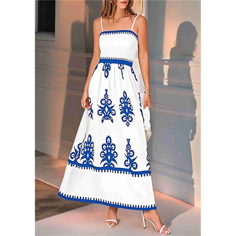A83F-Abito estivo da donna 2025 Abito estivo floreale con cinturino per spaghetti Abiti maxi Boho per vacanze al mare fluidi