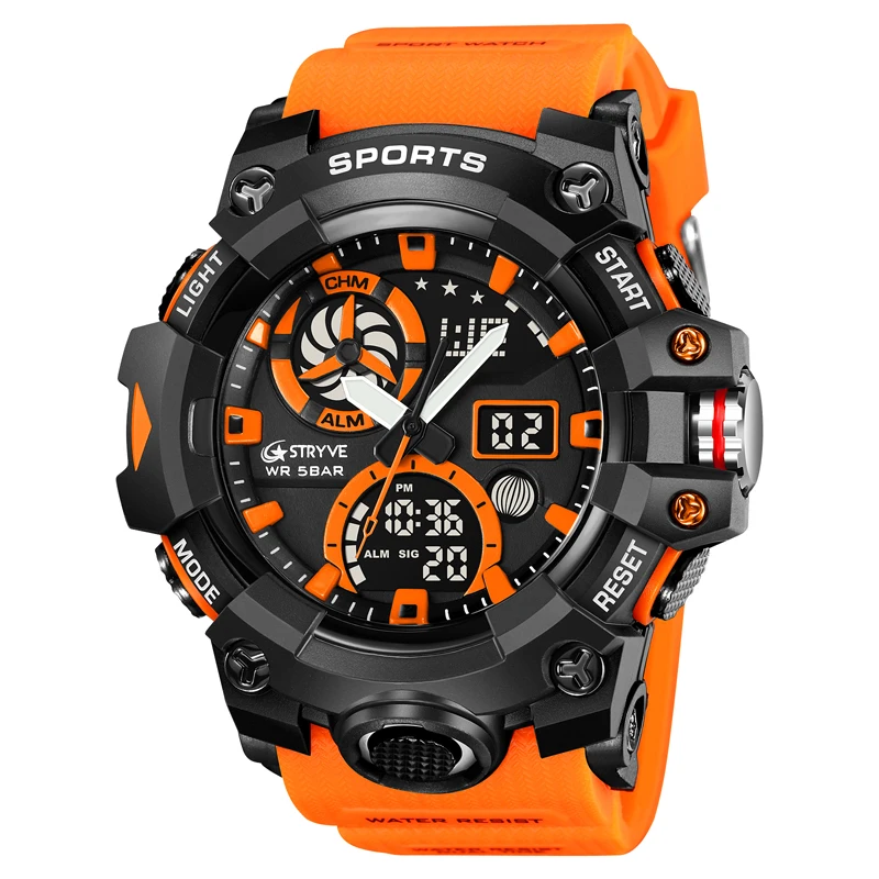 STRYVE Top Brand Electronic Watch For Men Outdoor Sports Waterproof Dual Time Display Quartz Wristwatches Rubber reloj hombre