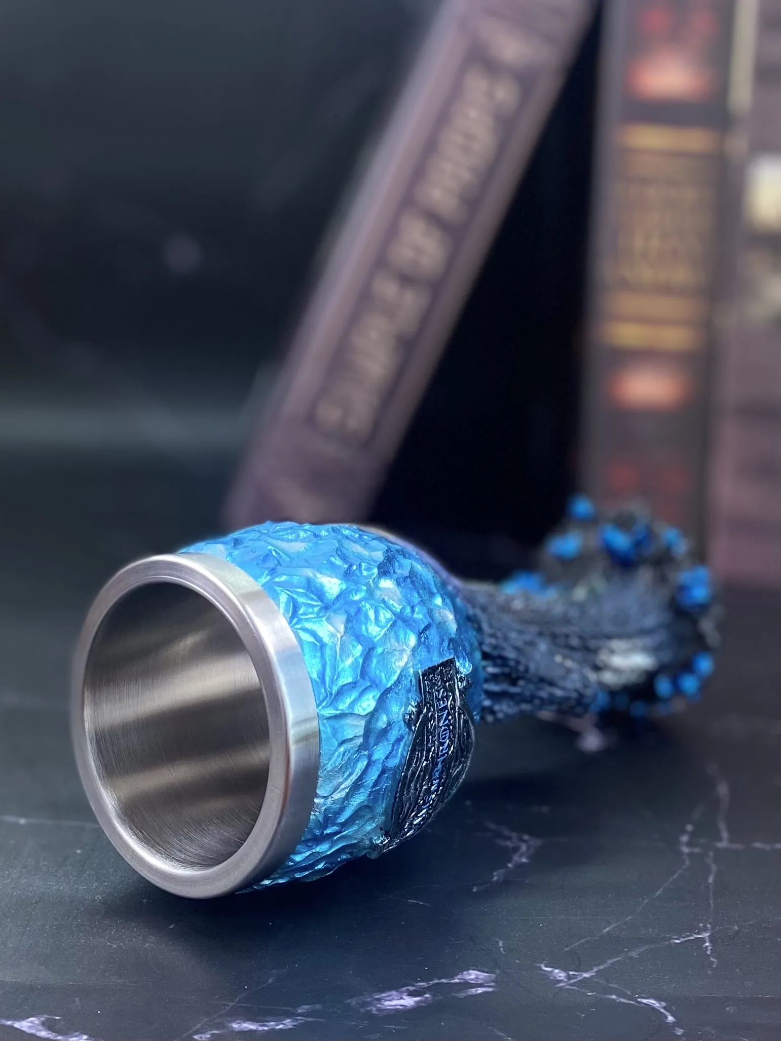 Stainless Steel Nordic Style Wine Goblet Inspired by Imperial Palace Aesthetics Featuring Blue Dragon Motif Snow Melting Lion He