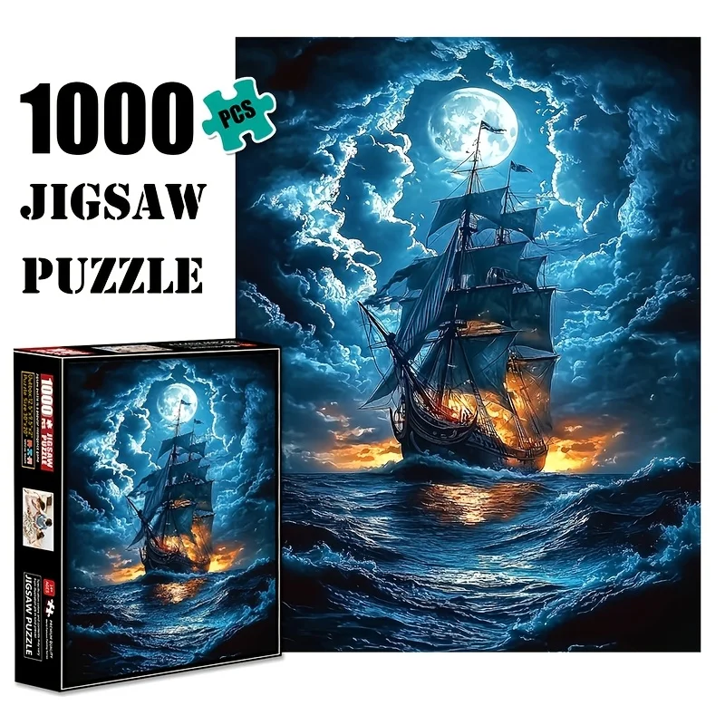 1000pcs Moonlit Sailboat Puzzle, Cardboard Material, Brain Teaser DIY Home Decor, Interactive Family Game, for Adults, Ages 14