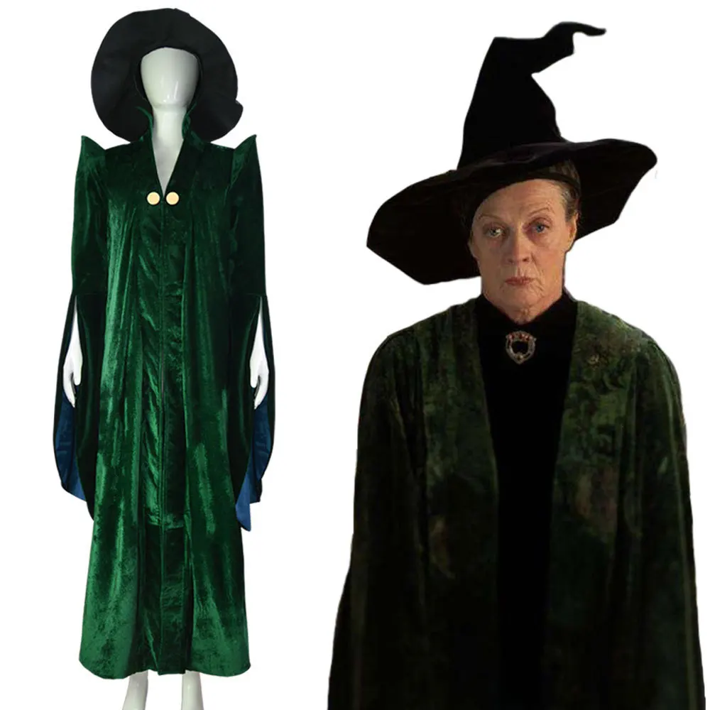 Professor Minerva McGonagall Cosplay Costume Dark Green Dress Robe Cape Hat Velvet Halloween Carnival Suit for Adult Kid