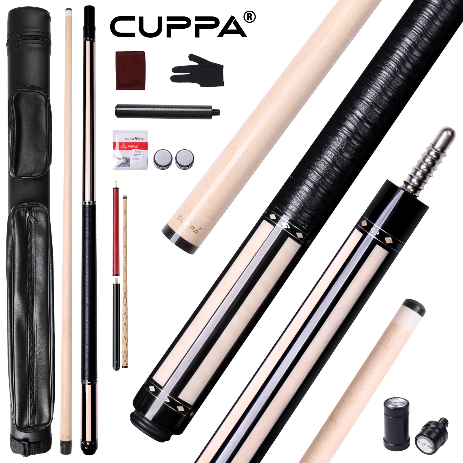 CUPPA Ebony Inlay Pool Cue Stick 58-inch 1/2 Split with North American Hard Maple Shaft Radial Joint 12.2mm Tip for 9 Ball