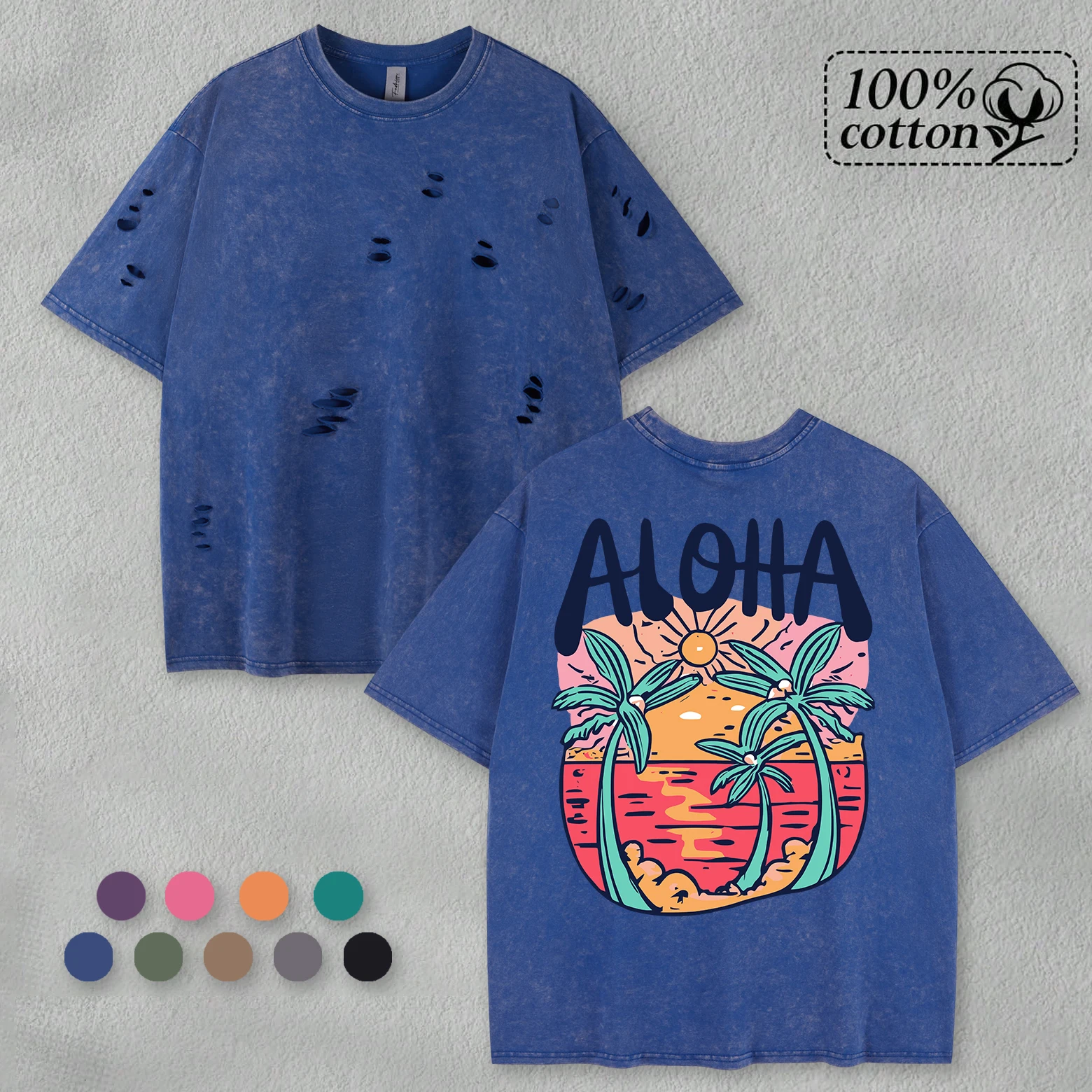 

Beach Style Aloha Retro Holes T-Shirt Men New Cotton Tee Trendy Washed Oversize Short Sleeve O-Neck Soft Unisex Creative Top