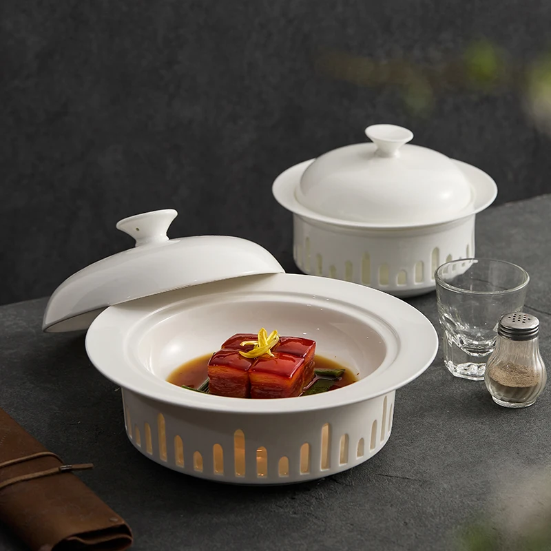 Round Insulated Dish Plate with Cover Restaurant Ceramic Candle Heating Furnace High-end Hotel Griddle Dish Warm Dish Plate