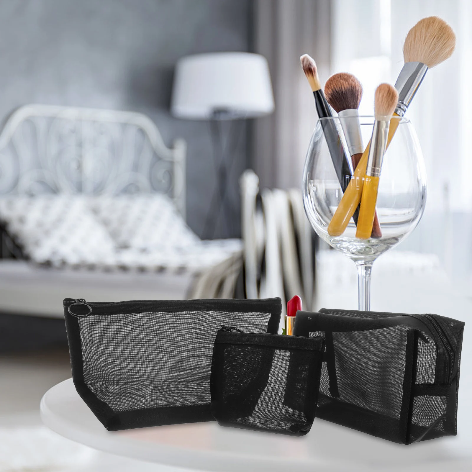 

3Pcs Wash Storage Bags Mesh Bags Black Transparent Zipper Pouch Travel Organizer Makeup Brush Holder Portable Storage
