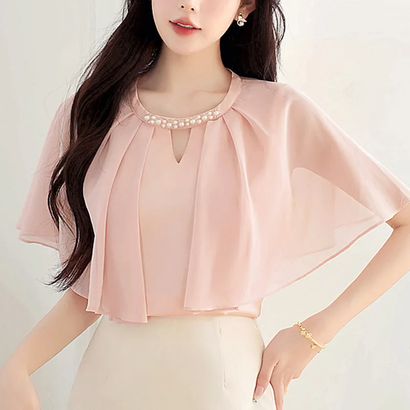 Blusa de Moda Verano 2026 de Manga Corta con Cuello Redondo para Mujer, Blusa de Gasa Rosa Dulce, Camisas y Tops para Mujer, Blusas de Mujer, Camisas N602