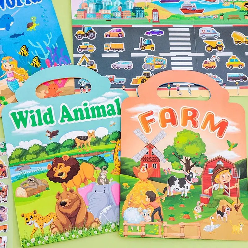 Reusable Cartoon Sticker Book for Kids Multiple Scenos DIY Puzzle Game Educational Learning Classic Toys for Children Age 3-6Y