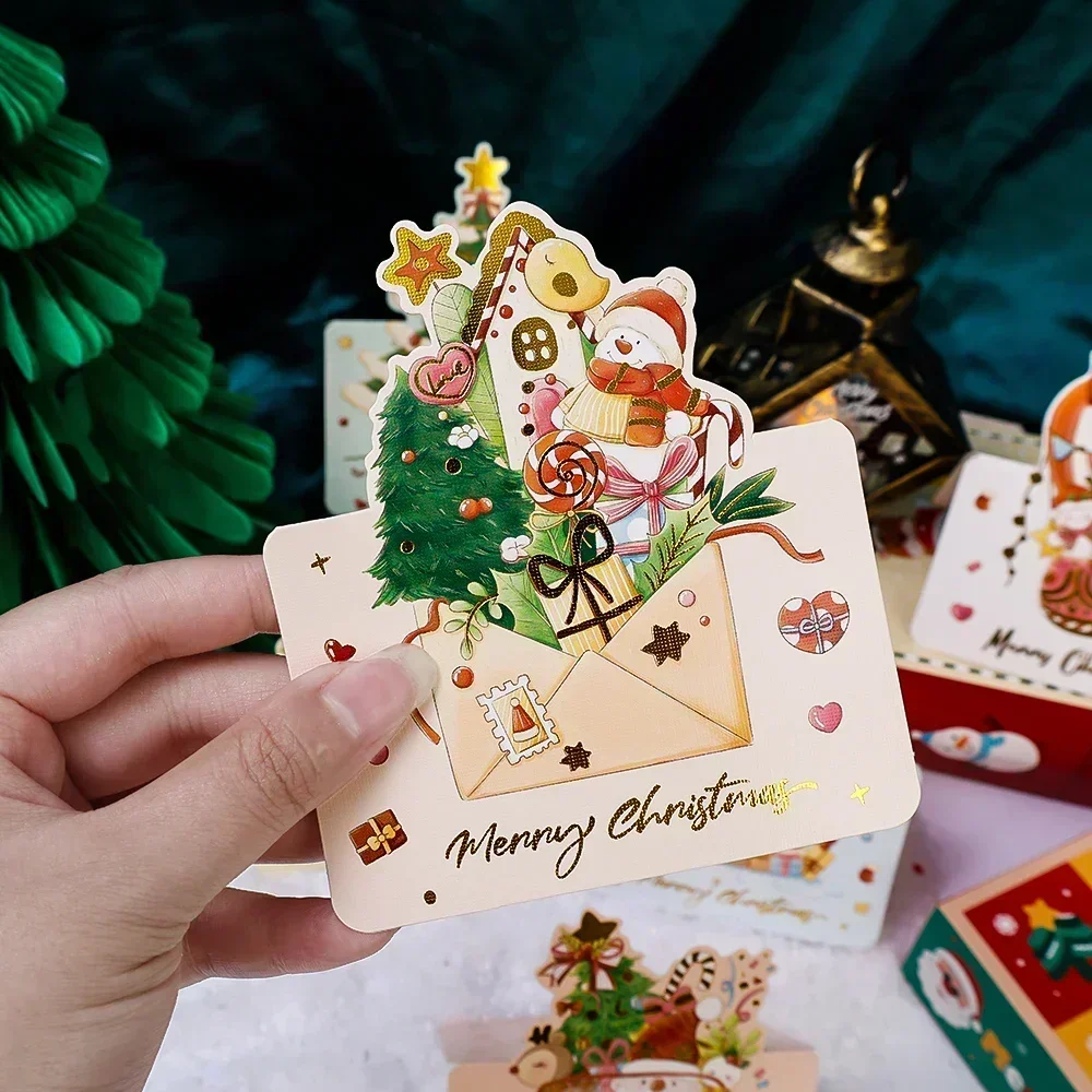 100-1Pcs Christmas Greeting Cards Foldable Postcards New Year Party Bronzing Winter Gifts Paper Cards Home Envelope Decorations