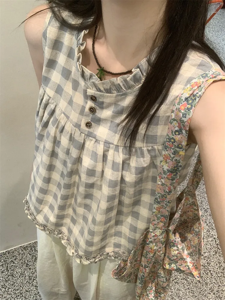 Korean style Vintage Sweet Plaid Tanks Women Summer Casual Blouse Bow Bandage Tank Tops Kawaii Fairy Camisoles Y2k Shirt