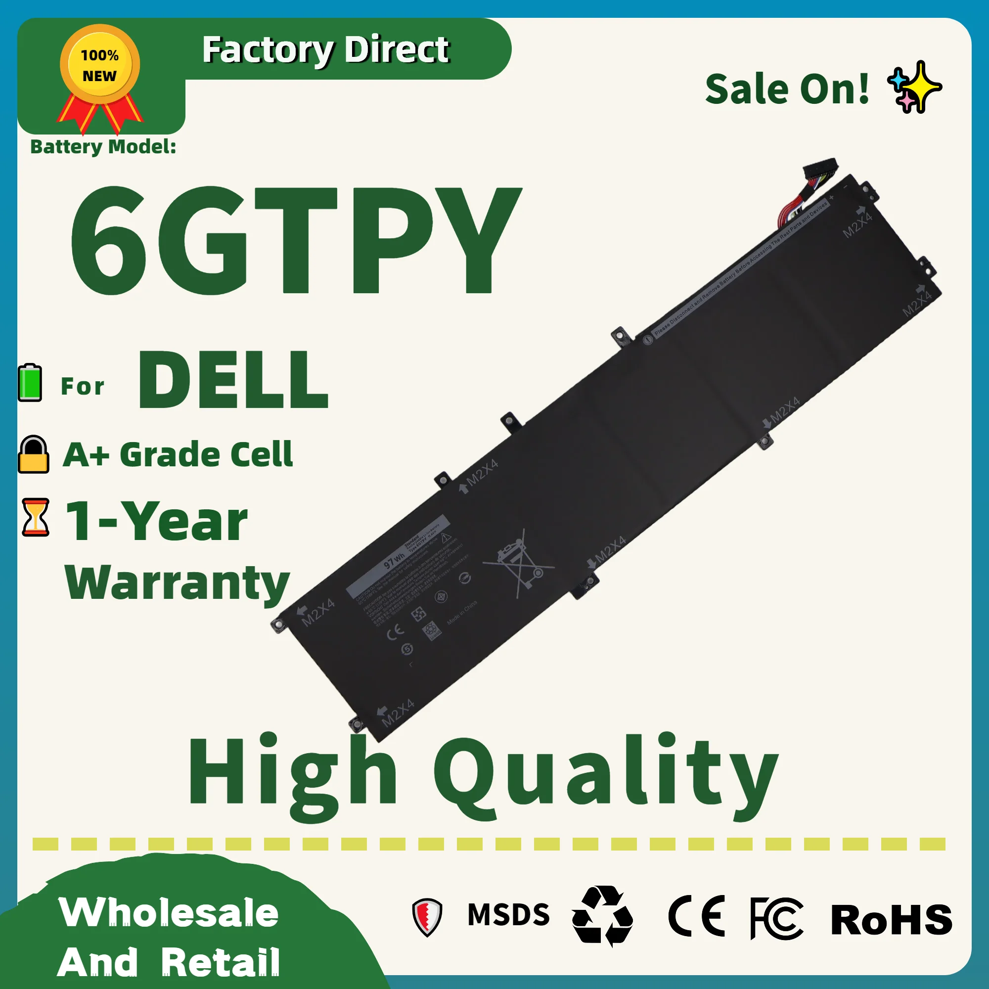 

Factory Direct! 6GTPY 97WH Laptop Battery For DELL XPS 15 9570 9560 7590 For DELL Precision 5520 5530 Series Notebook H5H20