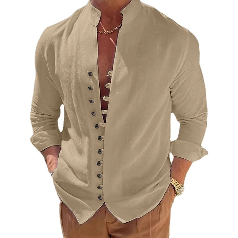 

Summer Men Long Sleeve Shirt Cotton Linen Vintage Solid Color Large Size Cardigan Shirt Casual Loose Top High Fashion Men's Wear