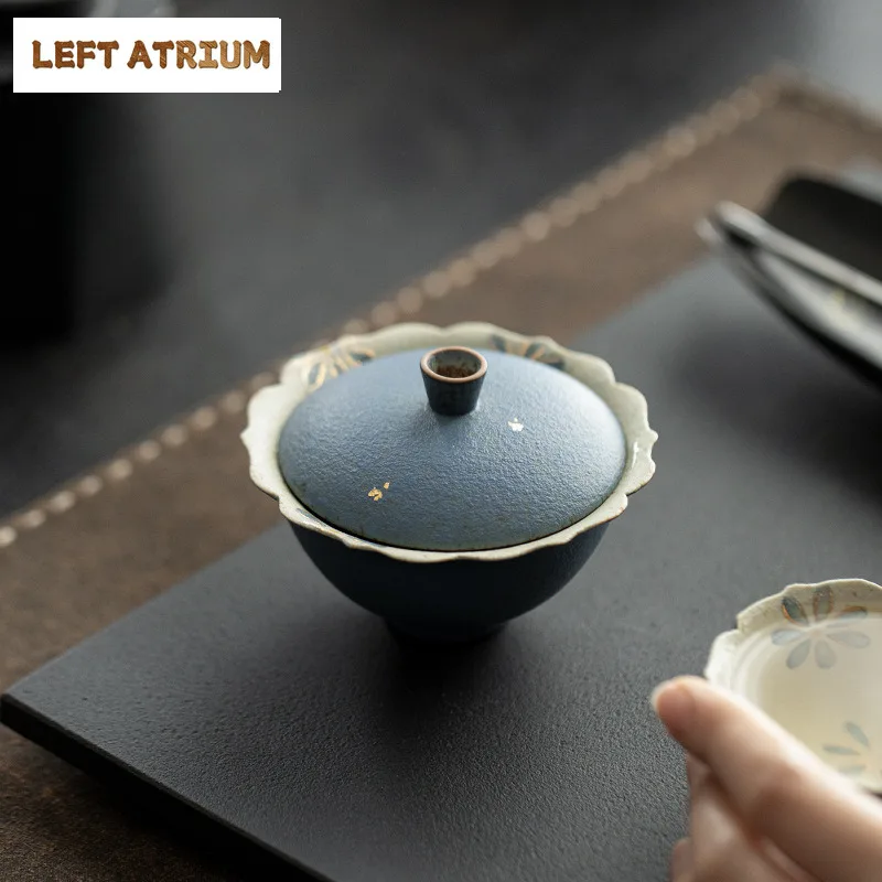 

90ml Hand Drawn Daisy Gaiwan Handmade Indigo Blue Tea Tureen Tea Bowl With Lid Kit Tea Maker Cover Bowl Teaset Accessories Gift