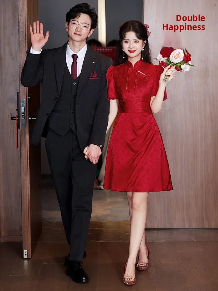 

Red ort Wedding Dr Fem New Bride Summer Chinese Sle Cus-Made Ceremony Dr A-Line Skirt Bubble Sve