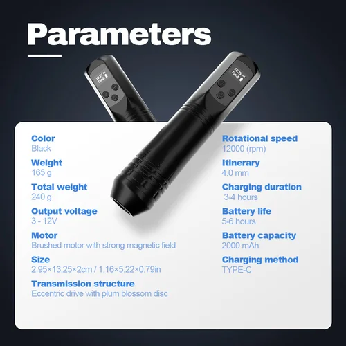 Imagen 2 del producto Pluma de tatuaje inalámbrica, máquina de tatuaje, Motor de carrera, 4mm, LED, 4 engranajes ajustables, adecuada para principiantes, suministros de tatuaje