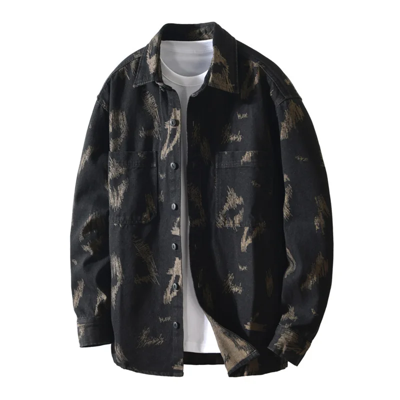 

Japanese Fashion Mens Denim Shirt Long Sleeve Spring Fall New Jean Shirts Male Double Pocket Loose Tops Streetwear Printed Shirt