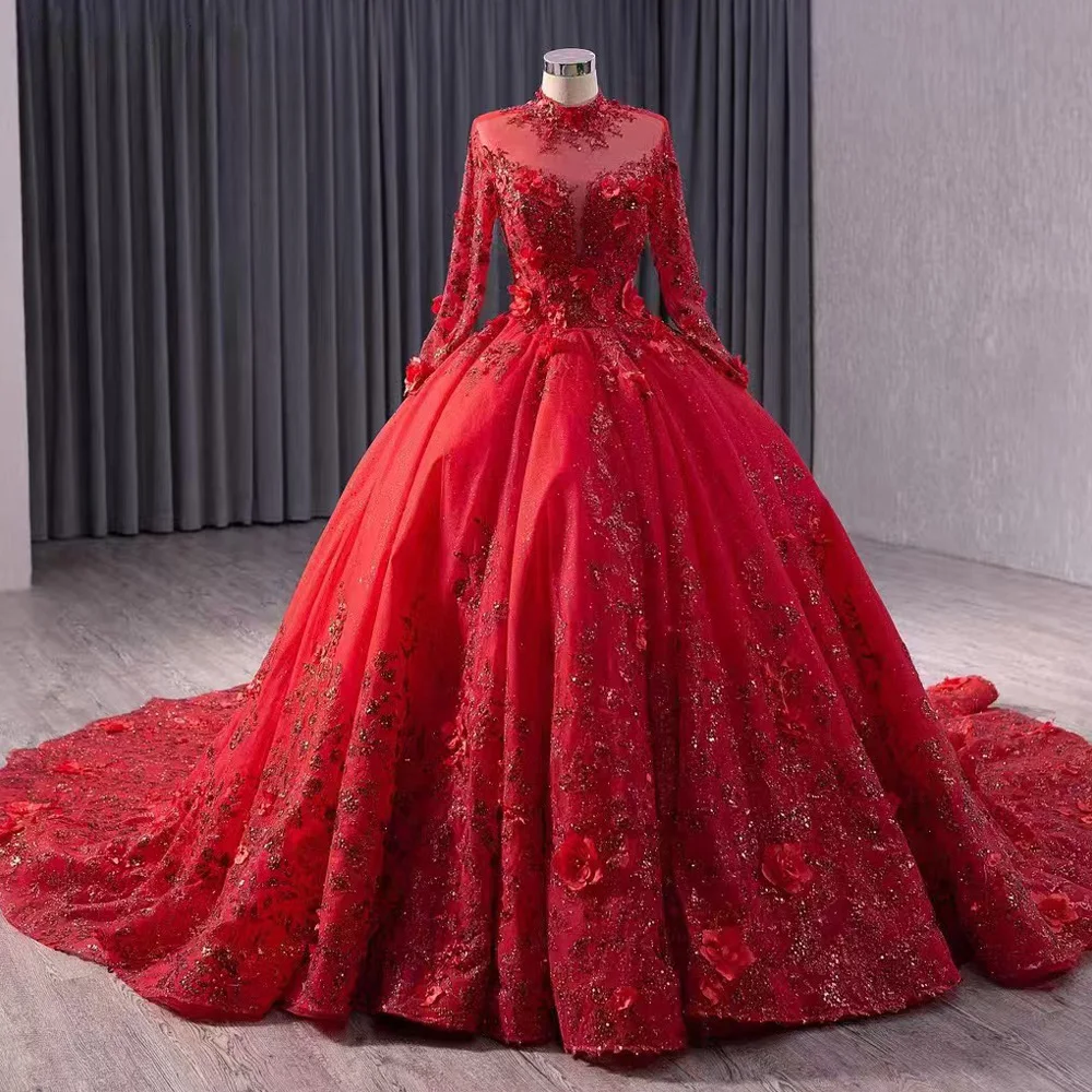 

Customizable Red Evening Dress With Long Sleeves Lace-Up Keyhole Back Pearls Appliques Sequined Robe De Soiree For Women