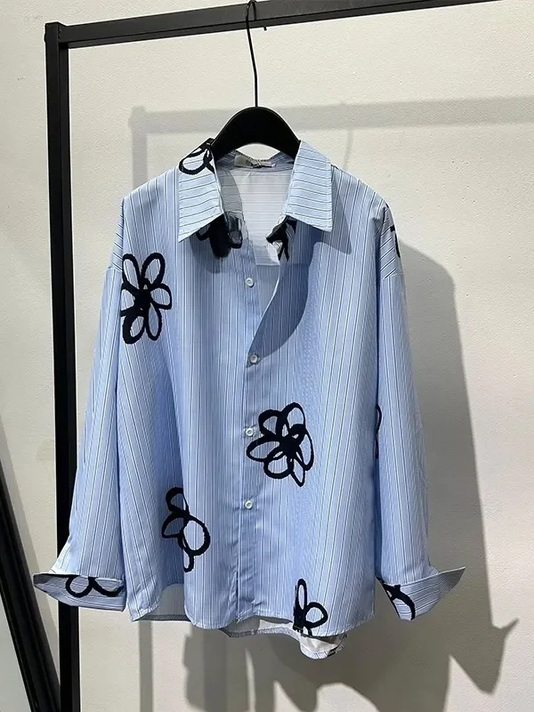 

Весенняя повседневная мужская рубашка с длинным рукавом, роскошный принт, синие полоски, модный дизайн, свободный крой, стандартная длина, повседневный стиль