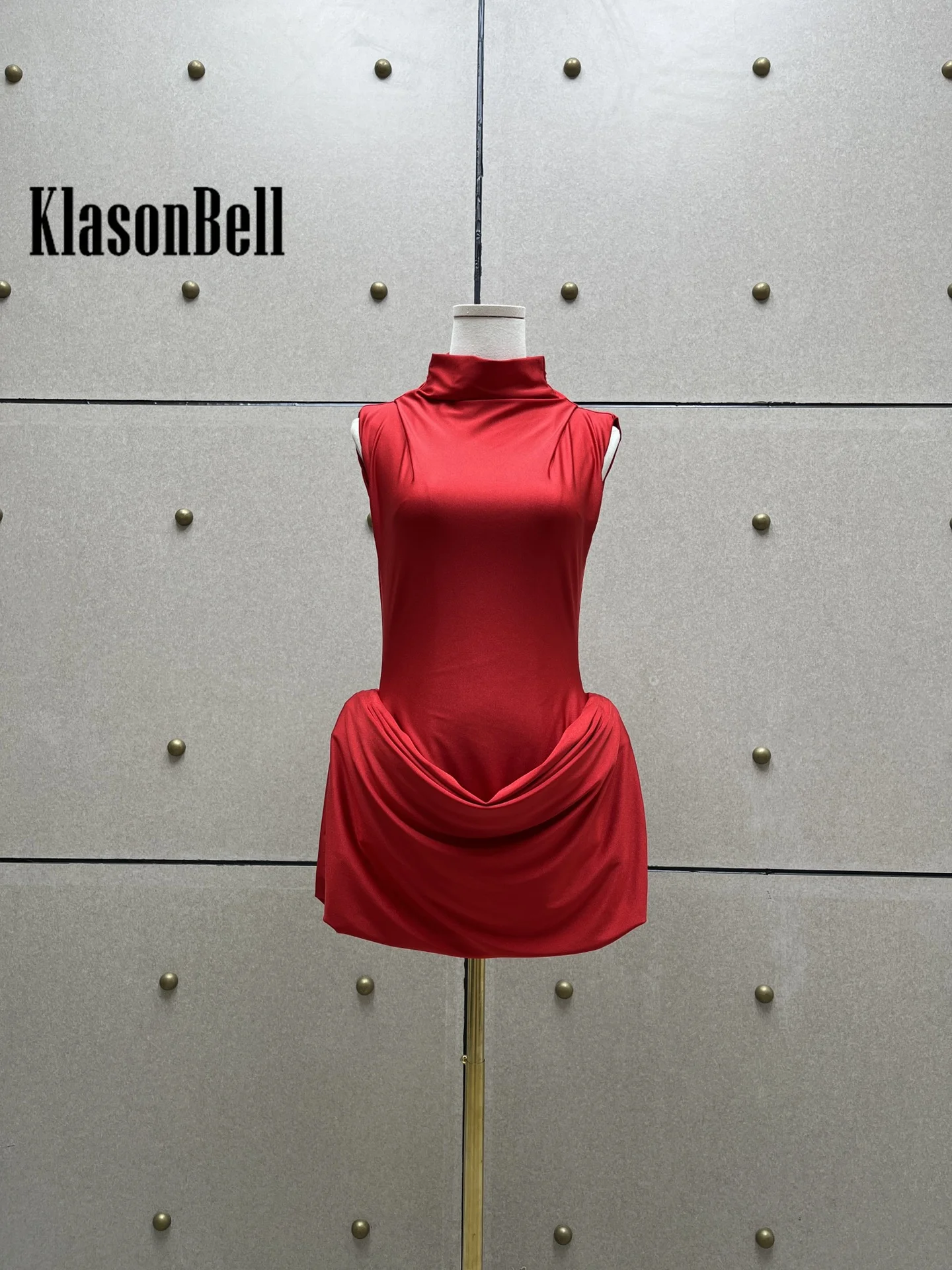 8.24 KlasonBell Women Temperament Fashion Red Banquet Evening Dress Stand Collar Sleeveless Ruched Package Hip Short Dress