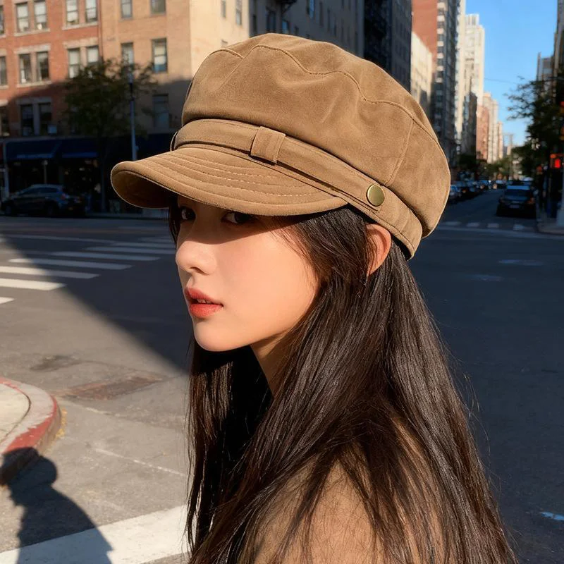 Retro Suede Beret Hat For Women Flat Top Newsboy Cap Autumn Winter Briti Sle Casual Foldable Warm Hat