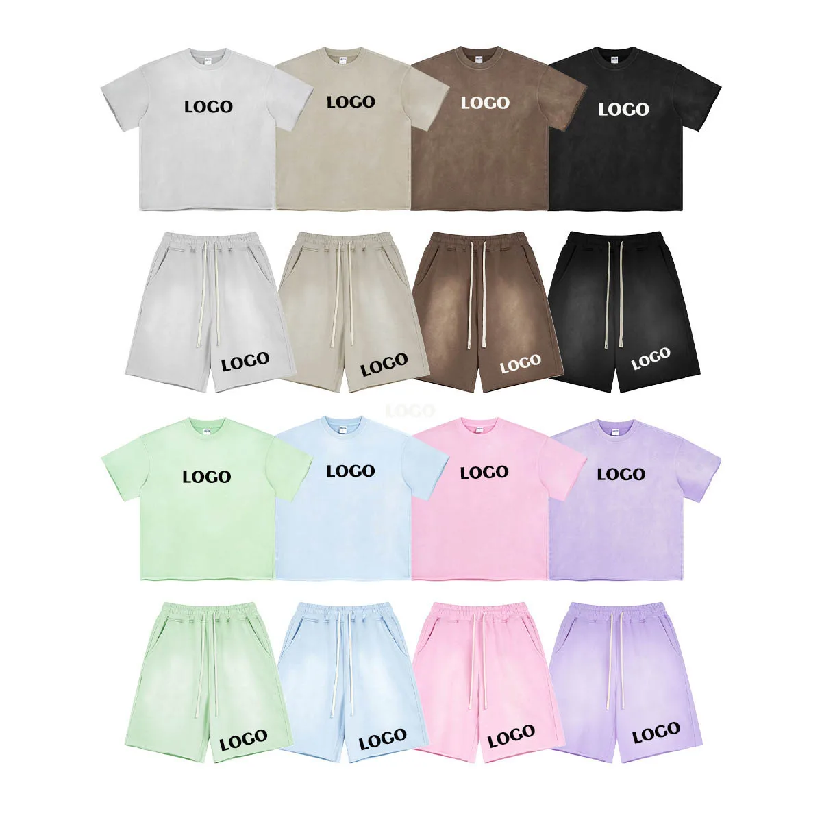 Custom LOGO men\'s summer 360G cotton polyester spray dyeing washing water light brushed short sleeved shorts couple set