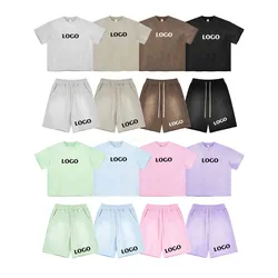 Custom LOGO men's summer 360G cotton polyester spray dyeing washing water  light brushed short sleeved shorts couple set