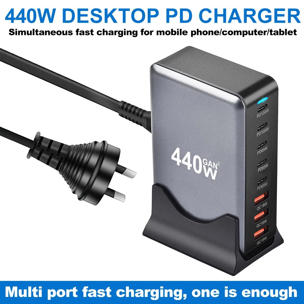 440W Fast Charging Station 5 USB-C 3 USB-A Multi Ports Quick Charger Power Adapter for Tablet MacBook Smart Phone Huawei Samsung