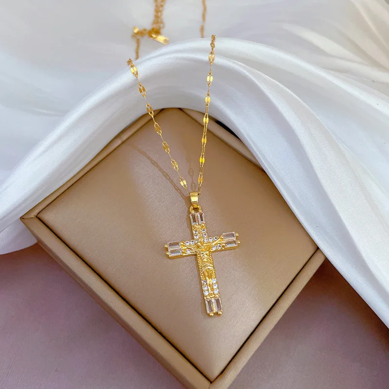 316L Stainless Steel Zirconia Jesus Cross Pendants Necklace For Women Luxury Adjust Choker Fashion Jewelry Accessories 11.11