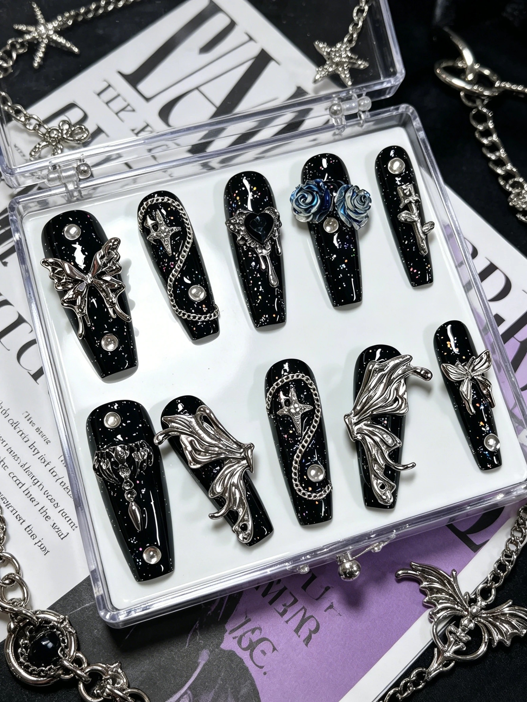 Luxury Lifestyle Dark - 10 faux ongles longs noirs trapézoïdaux,