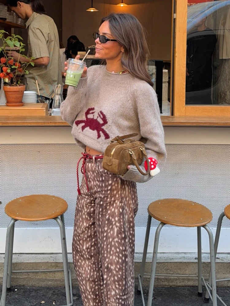 Women Mock Neck Cropped Knit Sweater Chic Warm Crab Pattern Jacquard Loose Long Sleeve Pullovers Autumn Trendy Casual Daily Tops