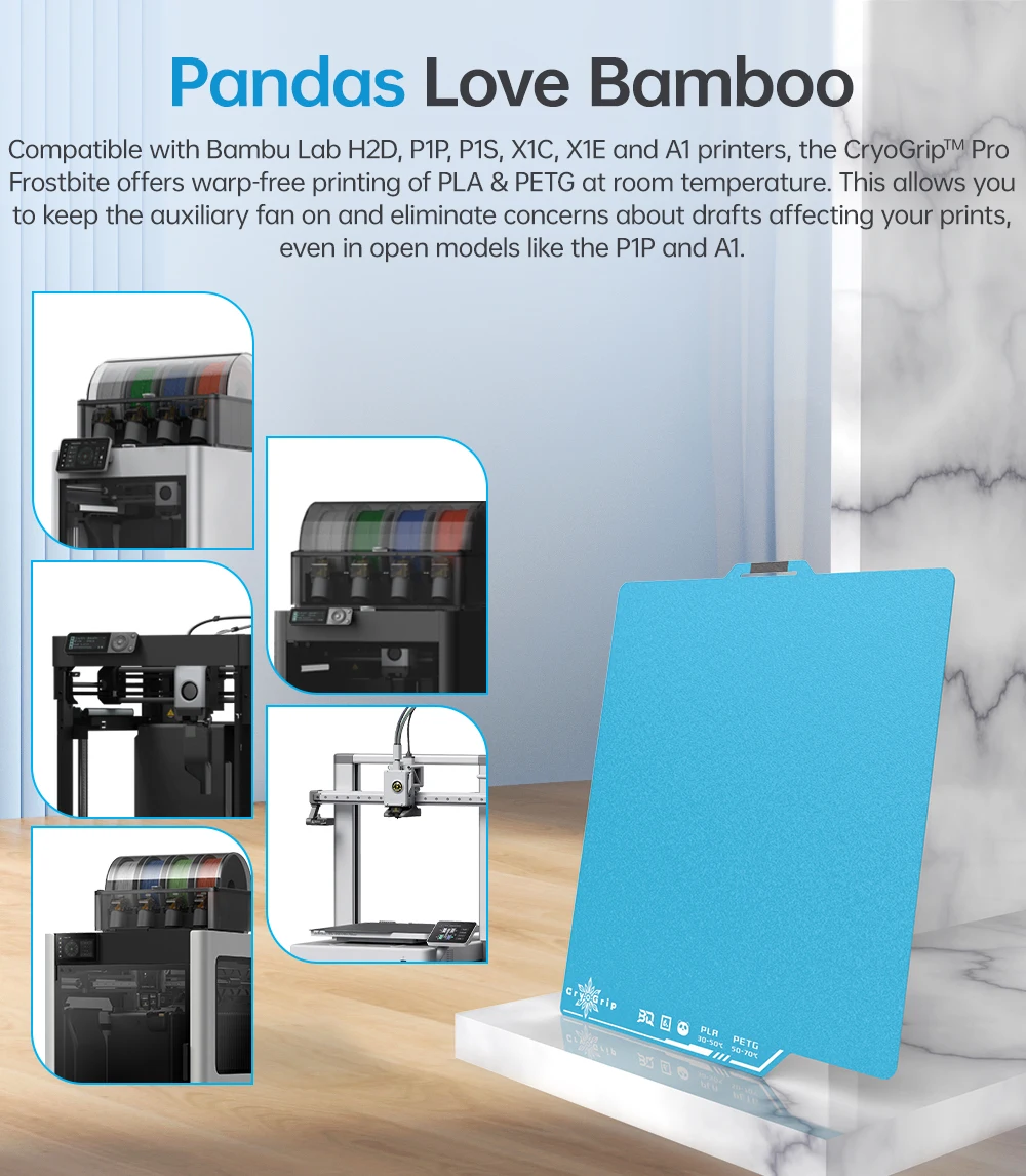 BIQU Panda Build Plate CryoGrip Pro Glacier/Frostbite Spring Steel 2-Sided Textured for BambuLab P1P P1S P2S A1 X1 3D Printer