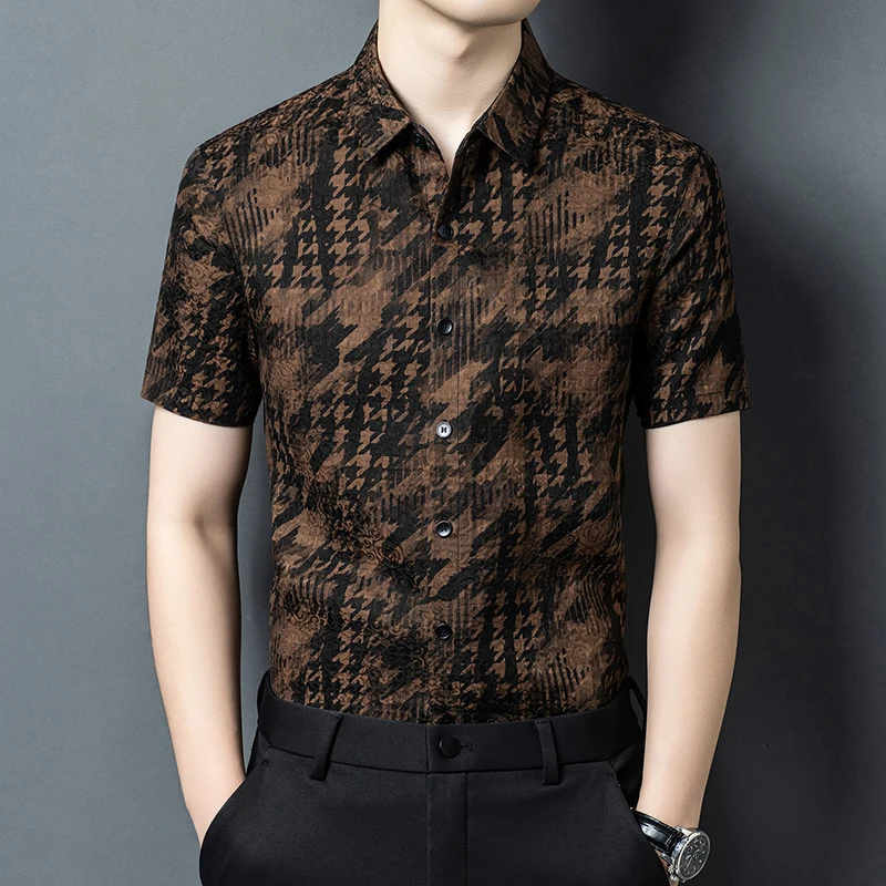 Houndstooth Luxurious Shirts For Men Short Sleeve Real Silk 100% Summer Quality Lightweight Gambiered Canton Gauze Chemise Homme