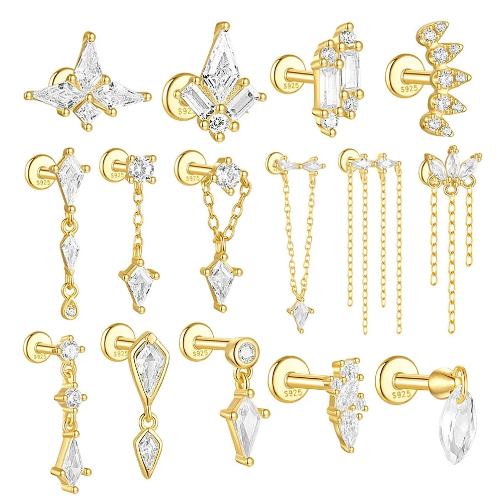 

1pc 925 Sterling Silver Stud Earrings Zircon Pendant Tassel Piercing Stud Earring for Women Engagement Wedding Fine Ear Jewelry