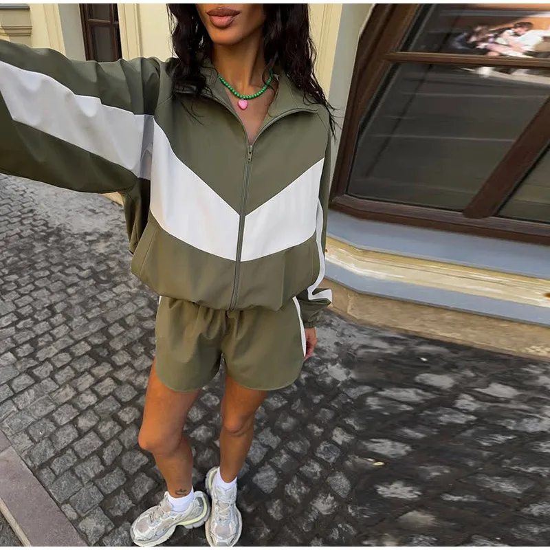 Farbblock-Zweiteiler mit Reißverschluss, Langarm-Stehkragenjacke, Sportshorts mit elastischem Bund, Damen 2026 Sommer Casual Chic Sets – Detail 1