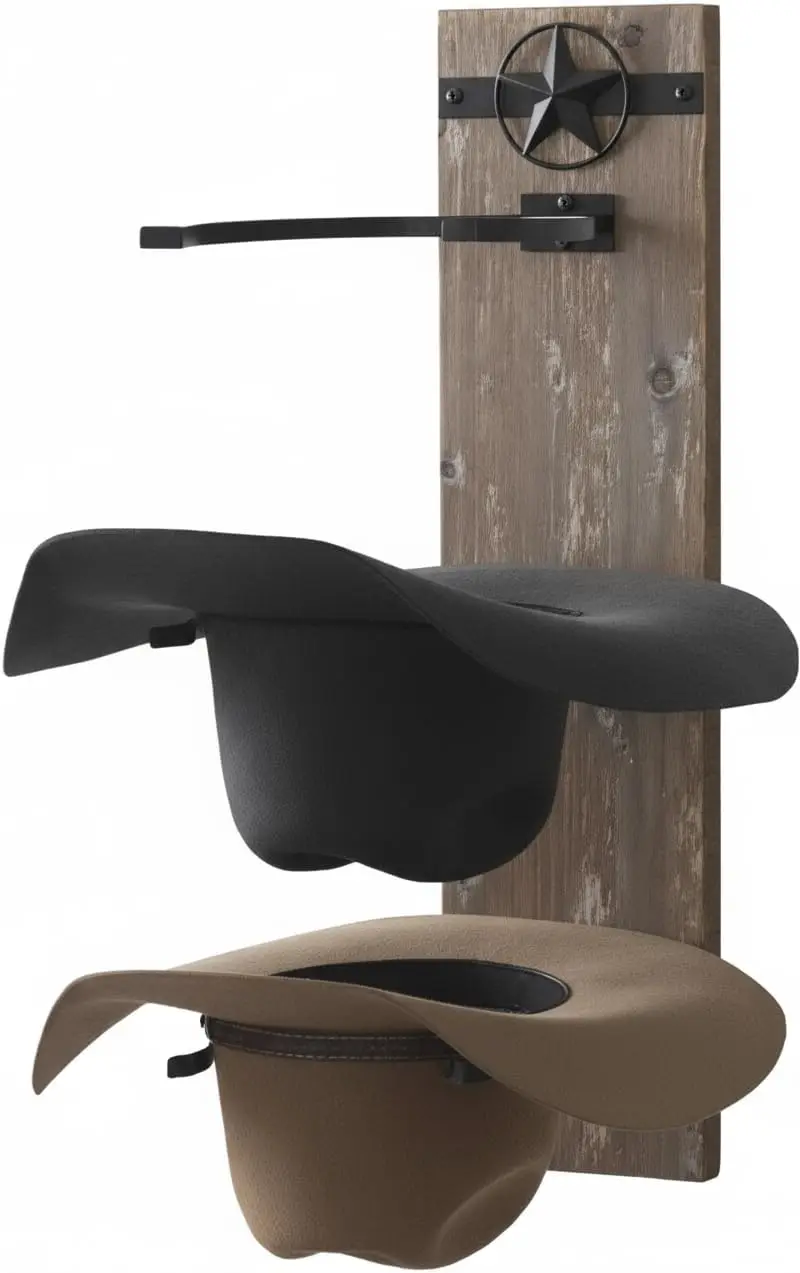 

Western Wall Hat Rack with Rustic Wood and Metal Design for Cowboy Hats