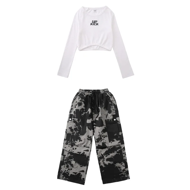 Vêtements Hip Hop Cool pour enfants, T-shirt noir à manches longues, haut court camouflage, pantalon baggy cargo décontracté pour fille, olympiques de danse jazz