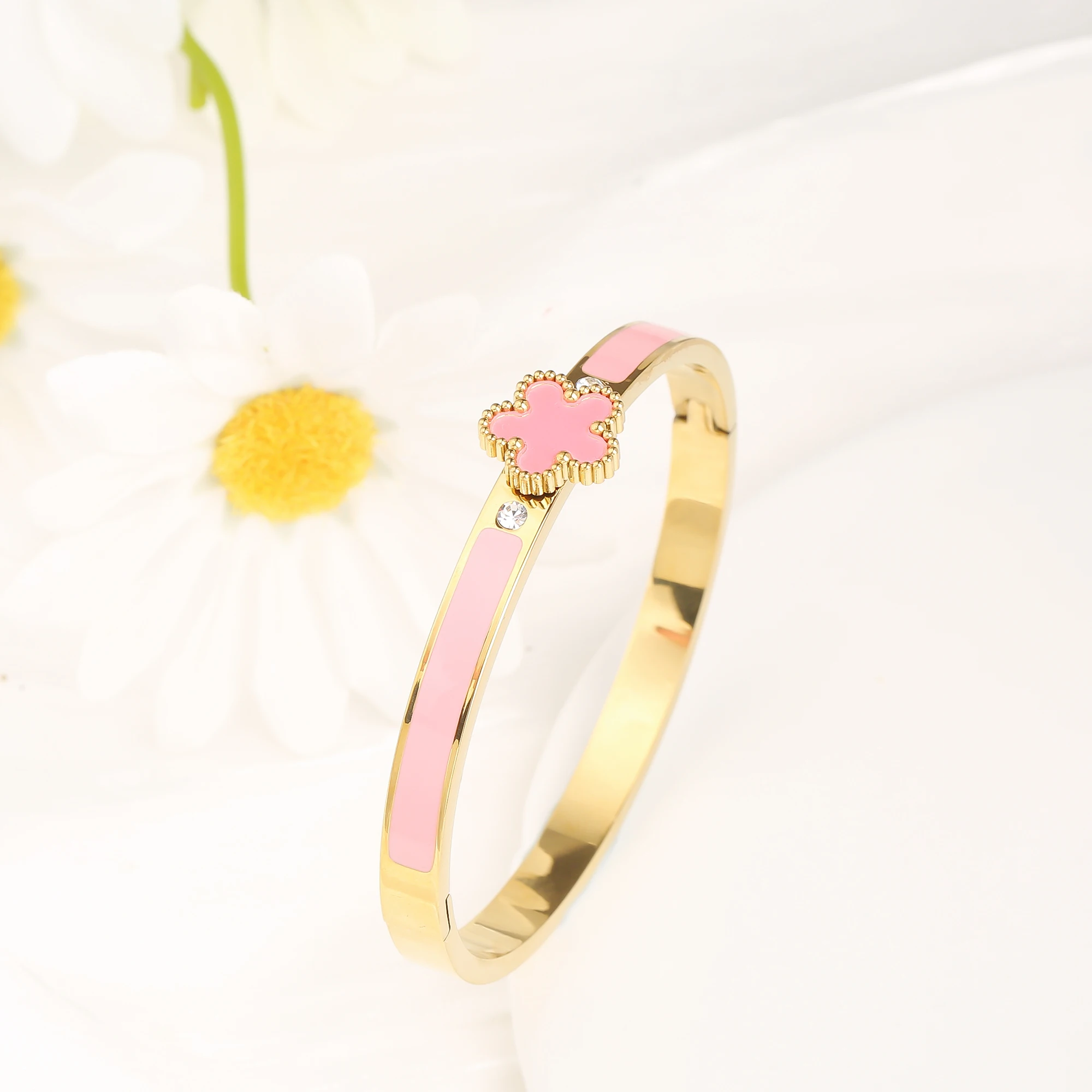 Luxury Five Leaf Flower Open Bangle, Classic Enamel Design