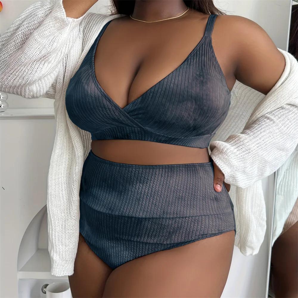 

Sexy High Waist Plus Size Bikini V Neck Rib Push Up Swimsuit Womens Bikinis and Tankinis Brazil Swimwear Tie Dye Vacation Outfit