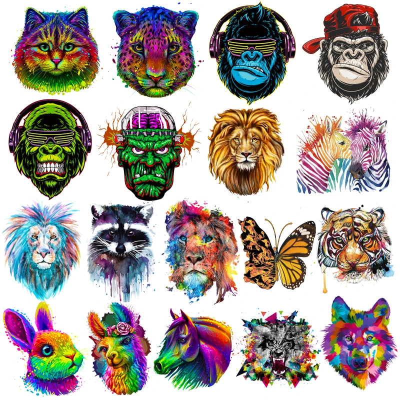 Gorilla Lion Tiger Heat Transfer Clothing Patch Applique Colourful Animal Iron On Transfer For Clothing T Shirt Ironing Sticker