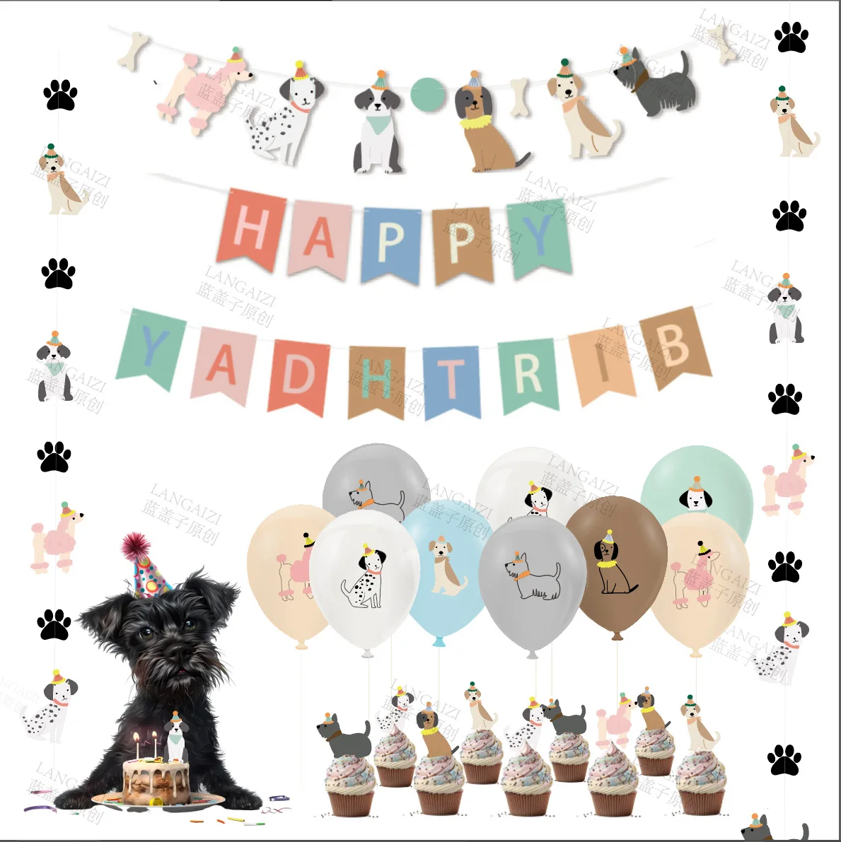 Cartoon Dog Happy Birthday Party Supplies Dog Birthday Cake Cupcake Topper Decorations Banner Latex Ballon Dog Theme Decoration