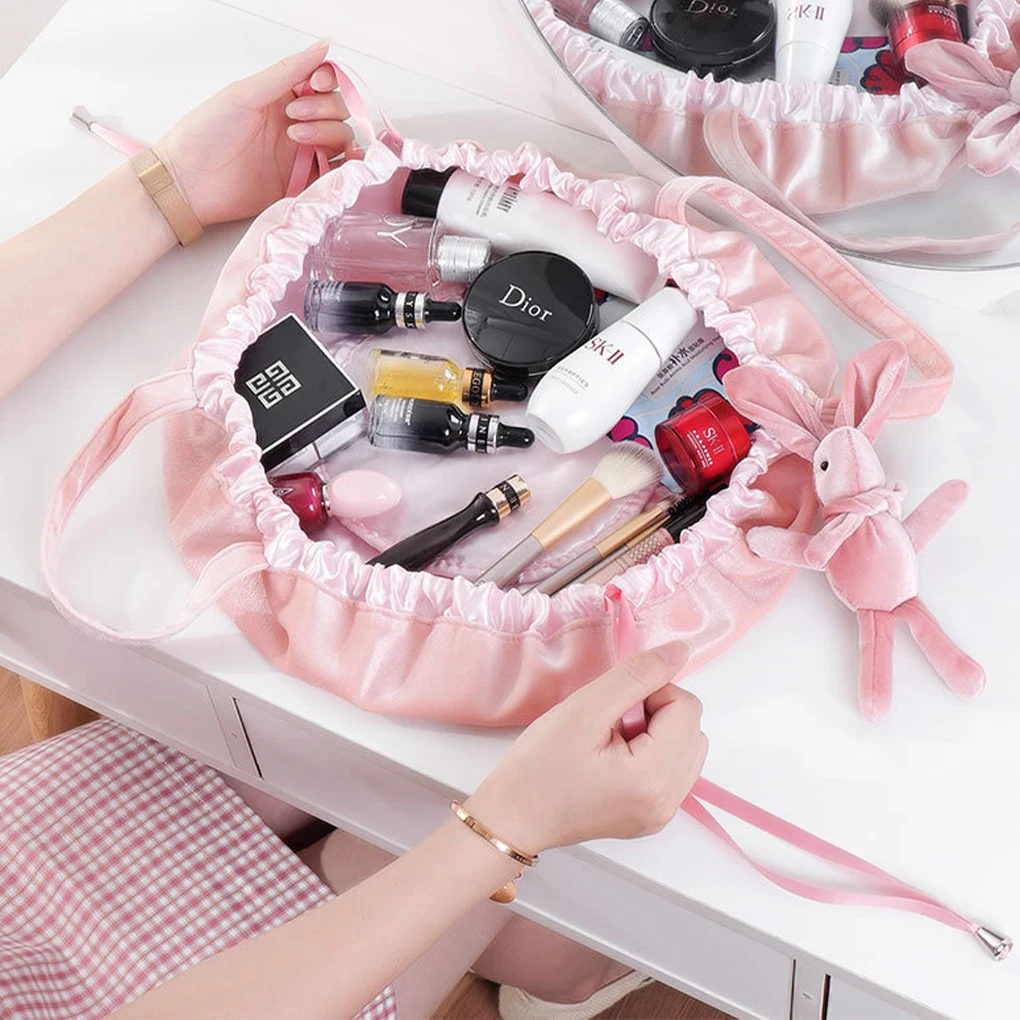 Cute Cosmetic Bag Round Velvet Soft Make up Bag Drawstring Rabbit Pendant Travel Female Storage Toiletry Beauty Organizer Case