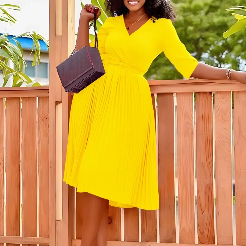 

2023 Autumn Pleated Midi Dress African Dress for Women Sexy Daily Elegant Long A-line Dresses Bandage Robe Femme African Clothes