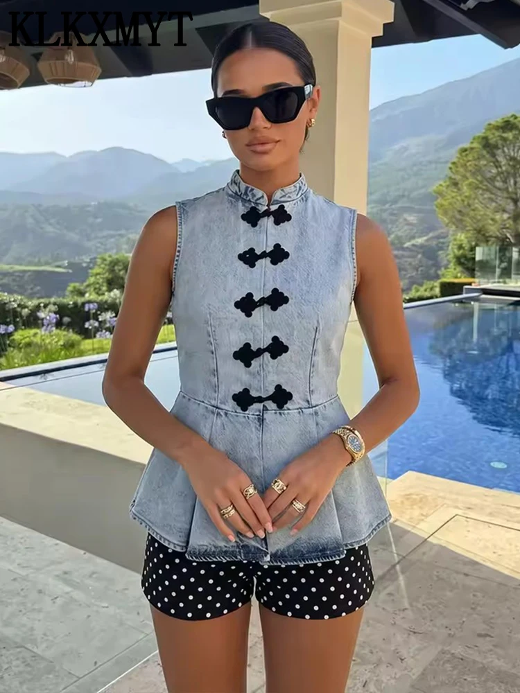 Gilet en jean chic et décontracté pour femme KLKXMYT avec boucle à nœud, sans manches, style streetwear, nouvelle collection