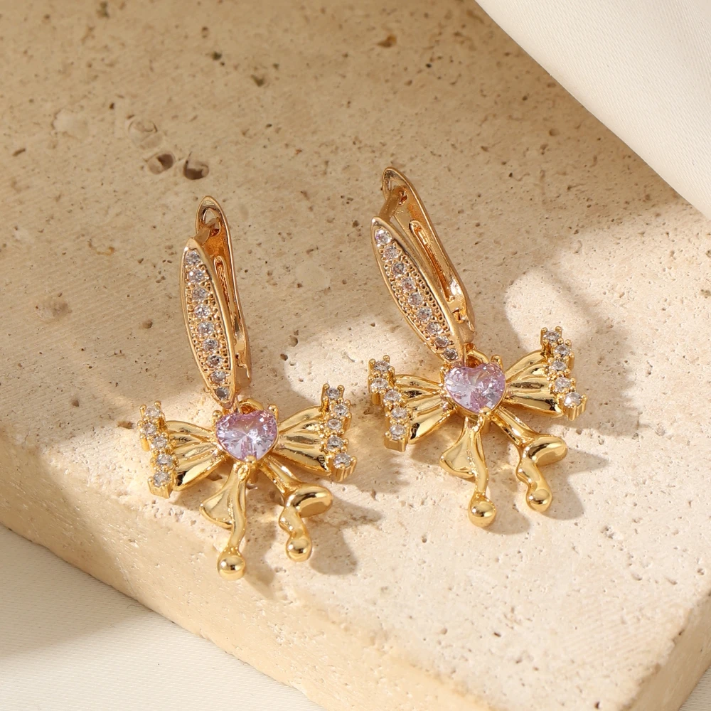 

Bowknot Shape Dangle Earrings for Women 2025 New Fashion Golden Drop Earring Zirconia Jewelry Wedding Party Accessories