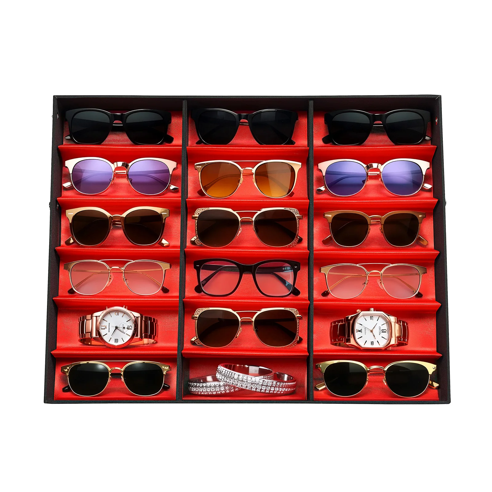 18 Slots MDF Sunglasses Storage Box Eyeglasses Watch Display Organizer Case Stackable For Home Optical Shop Counter Display