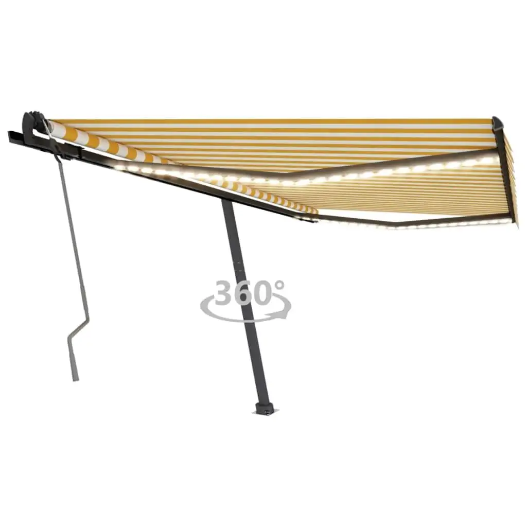 450x350cm Manual Retractable Awning with LED Lights - Yellow & White Outdoor Canopy