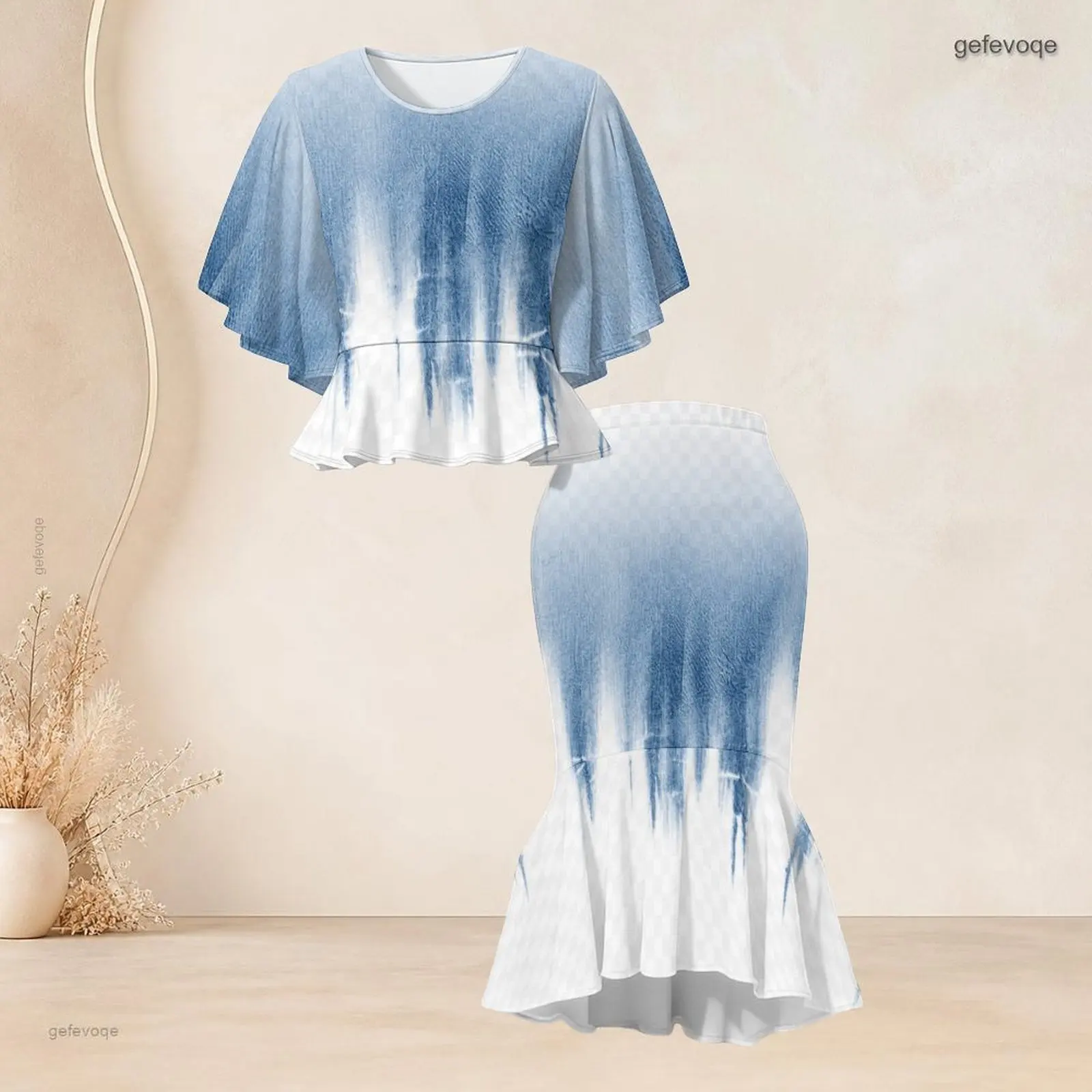 Printed Skirt Set for Women Batwing Sleeve Ruffle Hem Top Fishtail Skirt Two Piece