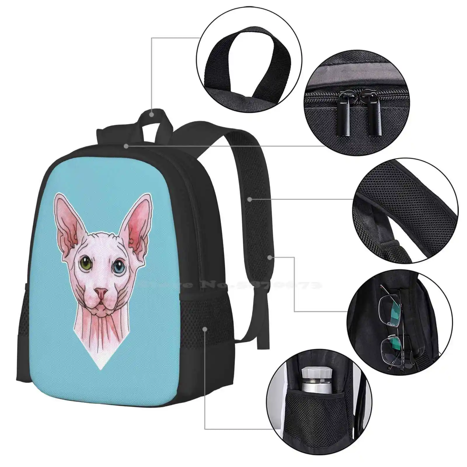 Sphynx Sphinx Cartable avec tête d'animal félin, sac à dos, peinture d'interconnexion, portrait de chat, sacs à la mode, offre spéciale