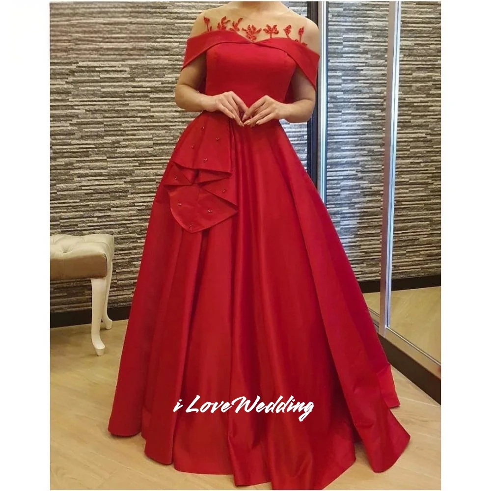 

Red V-Neck Prom Dresses 2025 Satin Off Shoulder A-Line Beaded Evening Dress Floor-Length Pleated Wedding Party Dress Customized