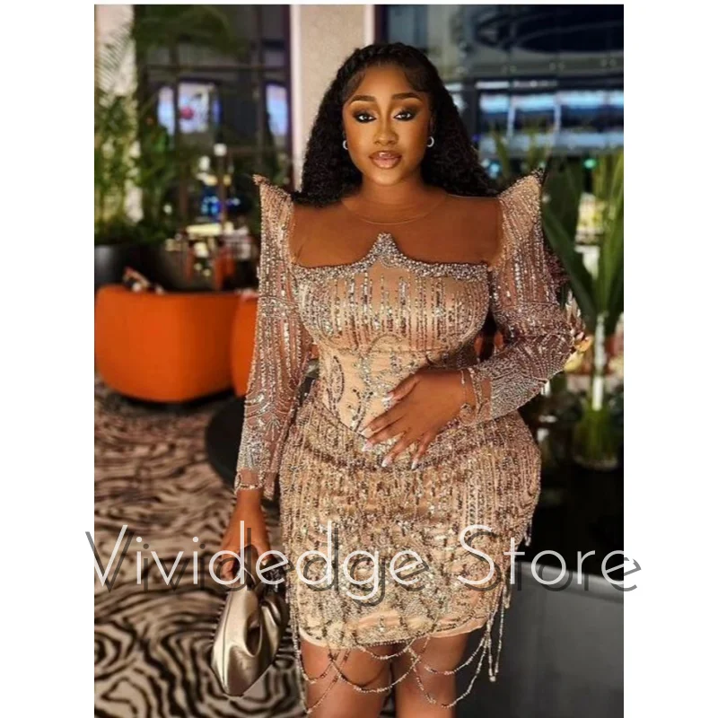 

Customized Gorgeous Champagne Sparkling Star Dress Round Neck Long Sleeve Sequin Tassel Short 2026 New Evening Dress