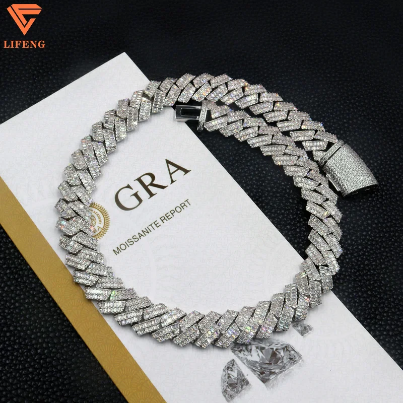 

Pass Diamond Tester 16mm Wide 2 Row Baguette Diamond 925 Silver Cuban Link Chain for Mens GRA VVS Moissanite Hip Hop Necklace